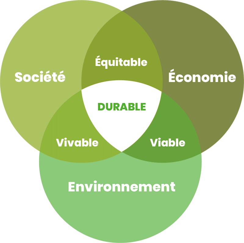 Objectif RSE, schéma des 3 piliers responsabilité sociétale des entreprises